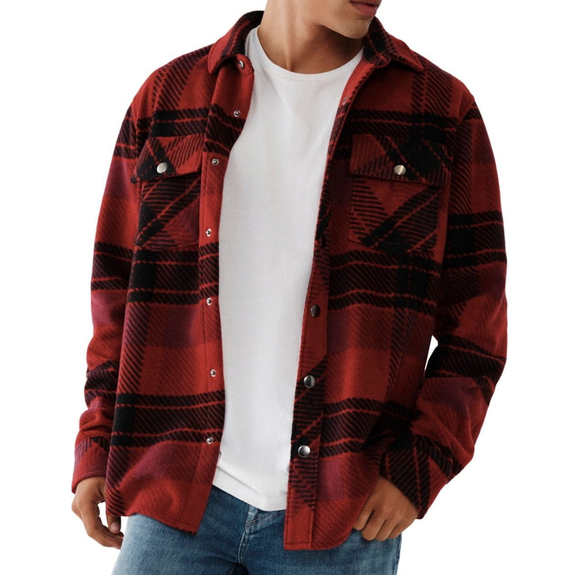 True Religion Mens Plaid Shirt Jacket Polar Fleece Shacket (Medium, Red Dahlia)