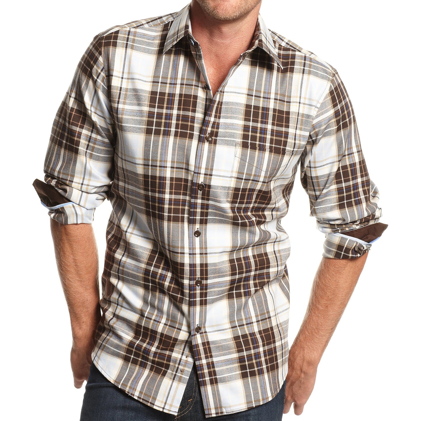 Tasso Elba Mens Brown Brushed Plaid Cotton Button Down Shirt