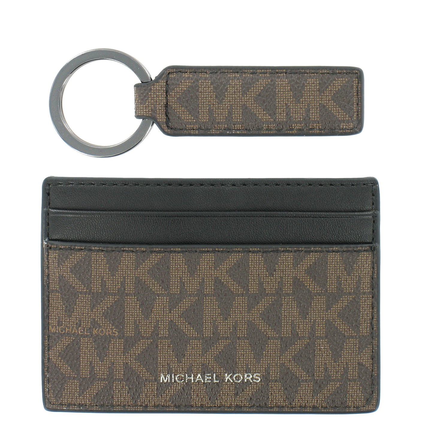 Michael Kors Mens Brown Logo Graphic Slim Card Case & Keychain Wallet Gift Set