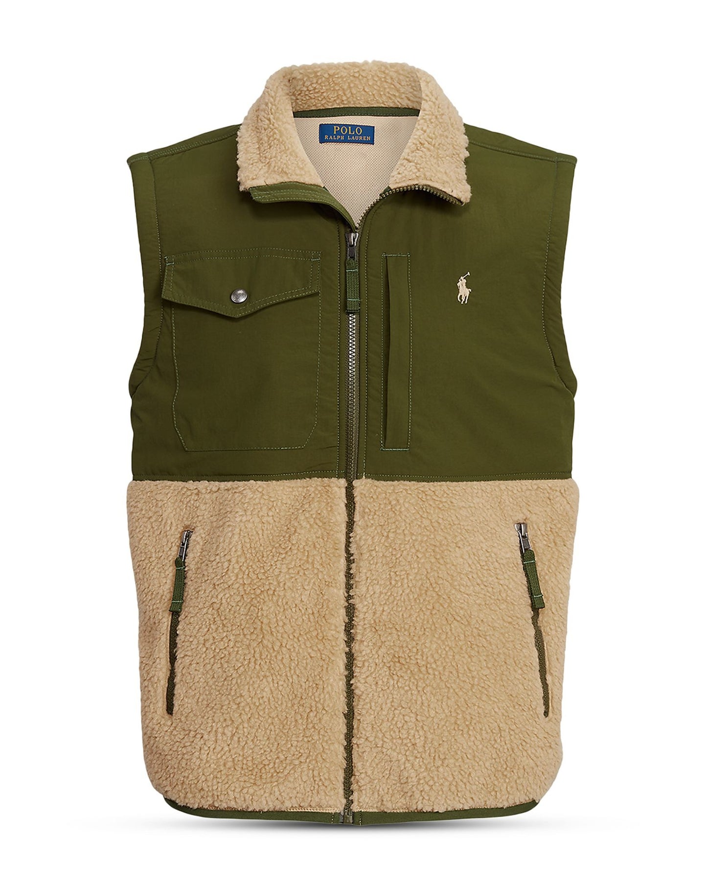 Polo Ralph Lauren Mens Khaki/Green Fleece Hybrid Full-Zip Vest