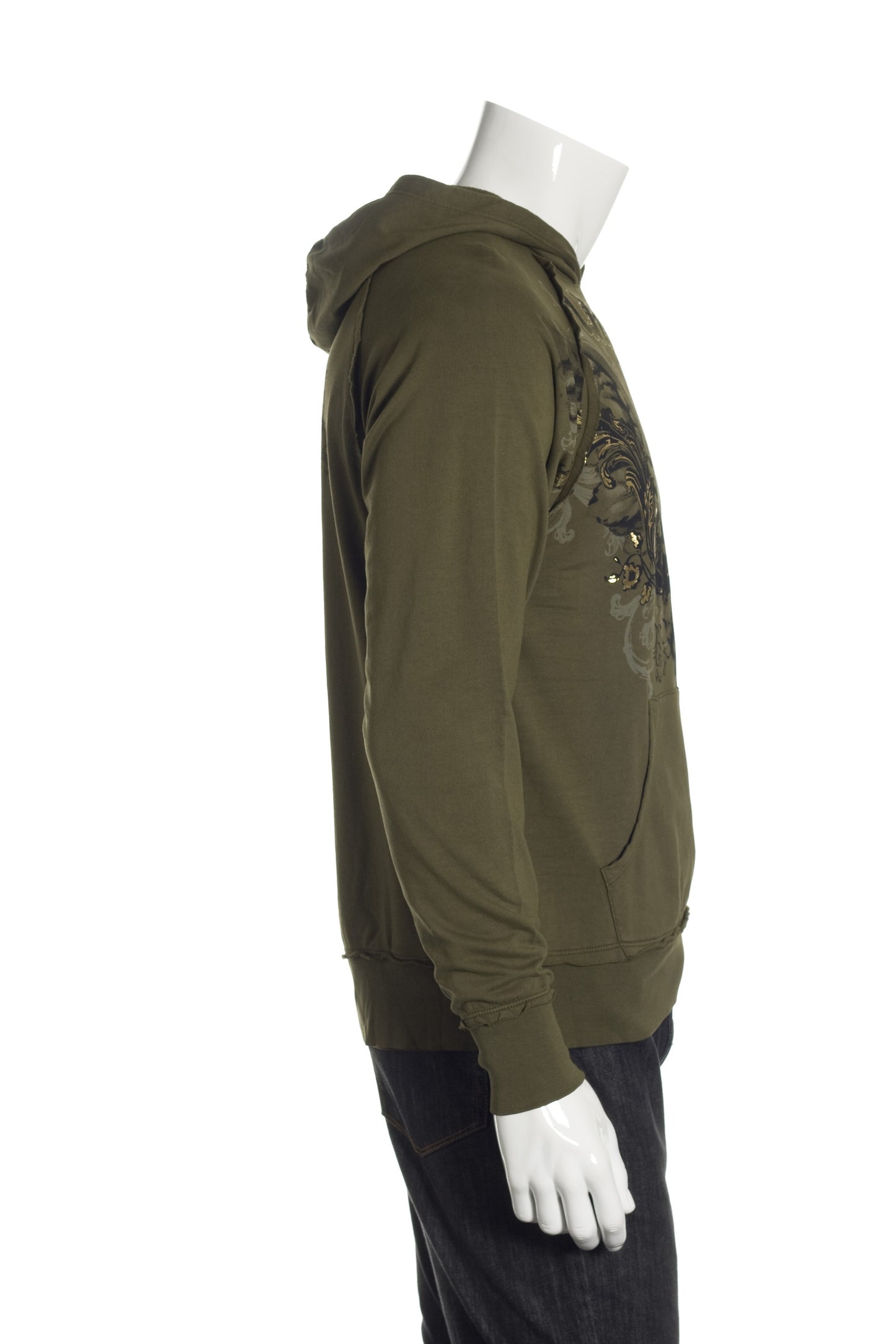 Archaic Mens Army Green Cotton Graphic Pullover Hoodie