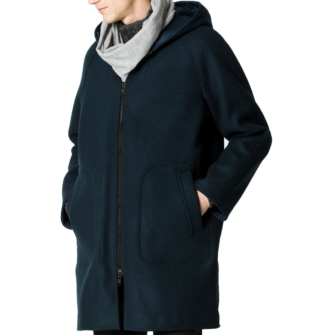 Lacoste Mens Navy Heather Wool Blend Hooded Overcoat