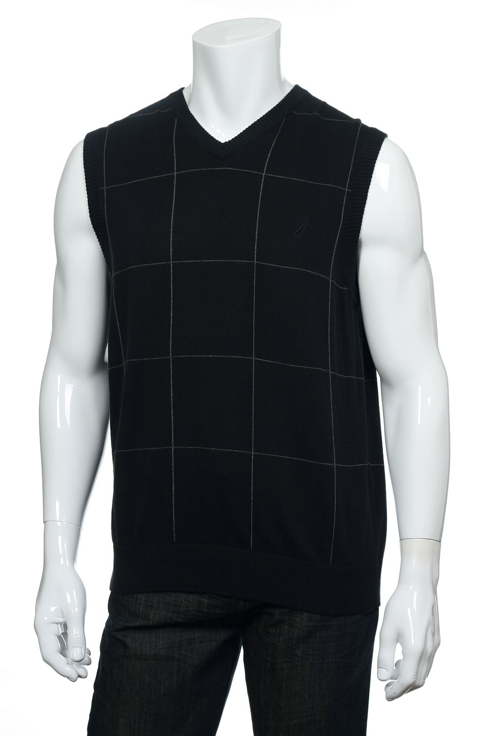 Nautica Mens True Black Checked Cotton Sweater Vest