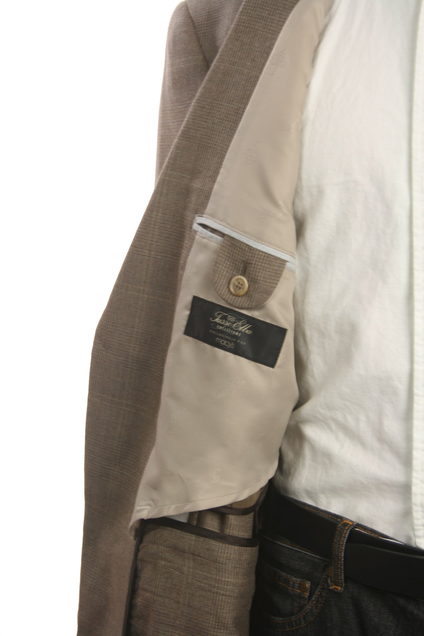 Tasso Elba Mens Taupe Glen Plaid Wool/Cashmere 2 Button Sport Coat Jacket