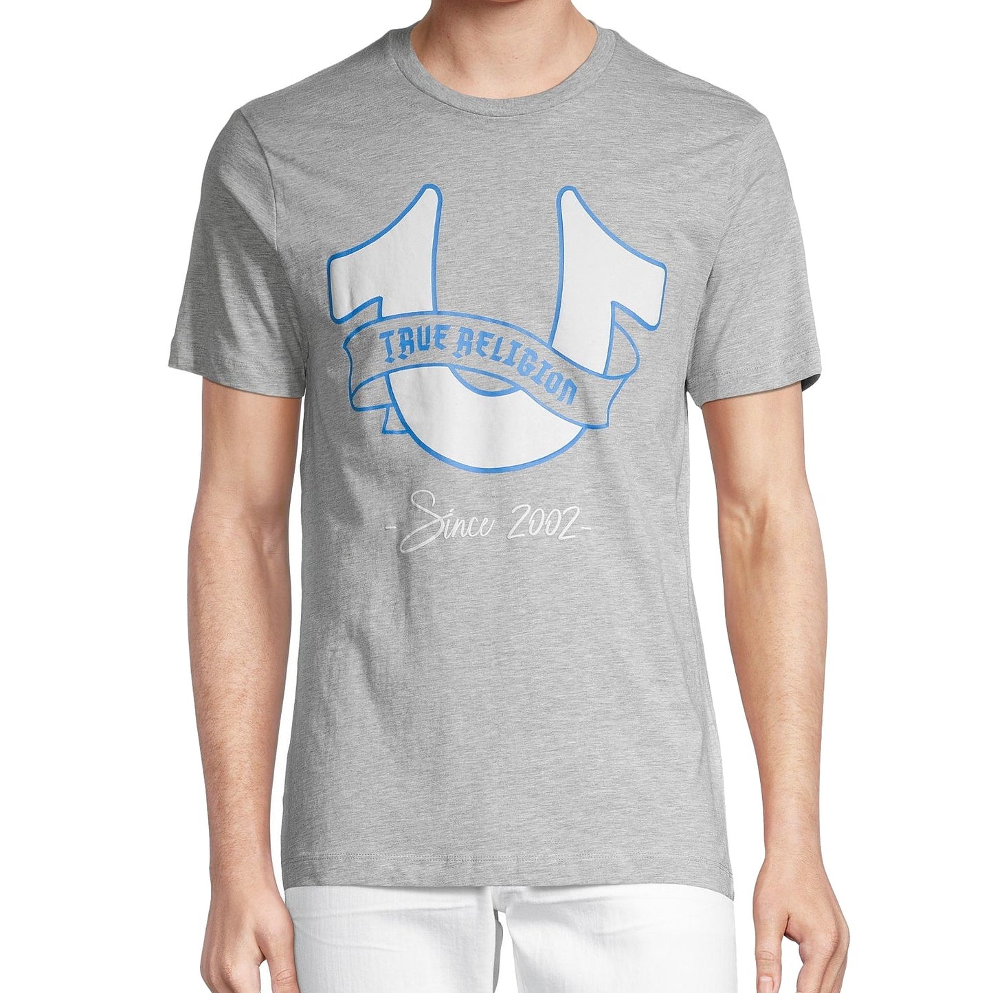 True Religion Mens Heather Grey Banner Horseshoe Tee Graphic T-Shirt