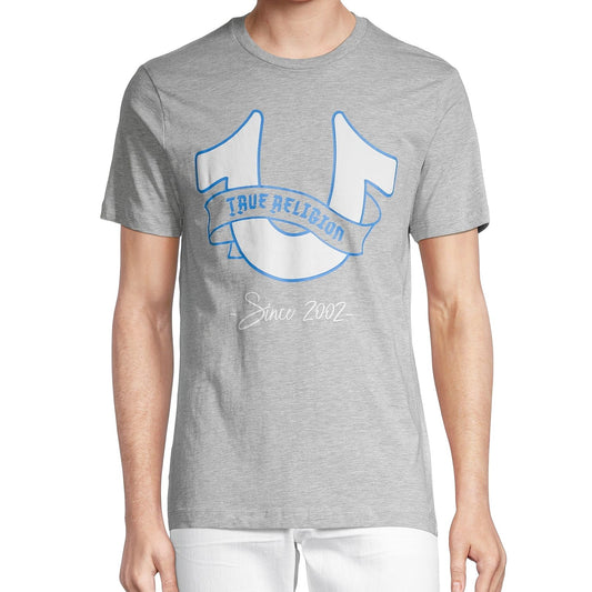 True Religion Mens Heather Grey Banner Horseshoe Tee Graphic T-Shirt