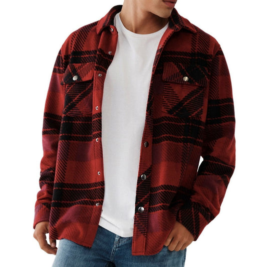 True Religion Mens Plaid Shirt Jacket Polar Fleece Shacket (Medium, Red Dahlia)