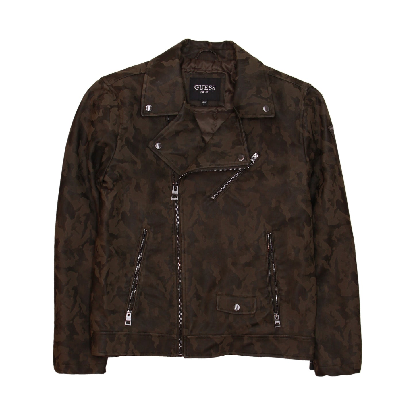 Guess Mens Olive Camo Camo Faux Leather Jacket
