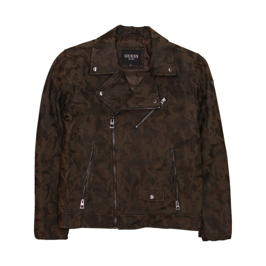 Guess Mens Olive Camo Camo Faux Leather Jacket