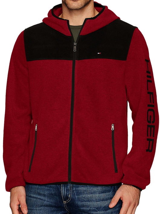 Tommy Hilfiger Men's Wine/Black Full Zip Hoodied Fleece Jacket