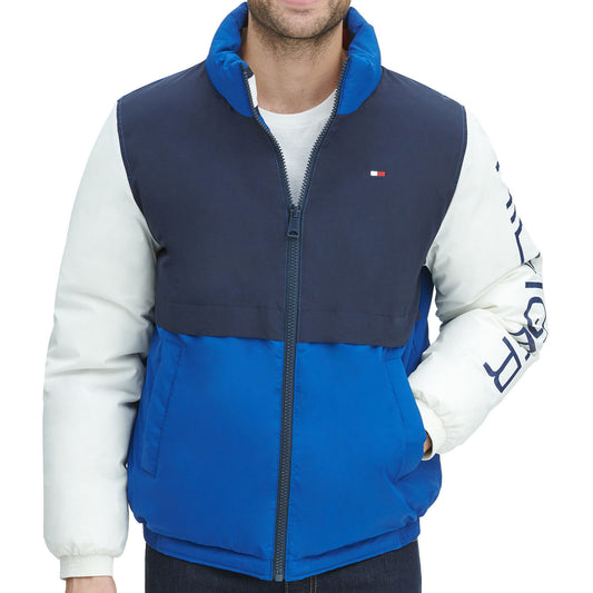 Tommy Hilfiger Mens Royal Blue Color Block Taslan Retro Puffer Puffy Jacket