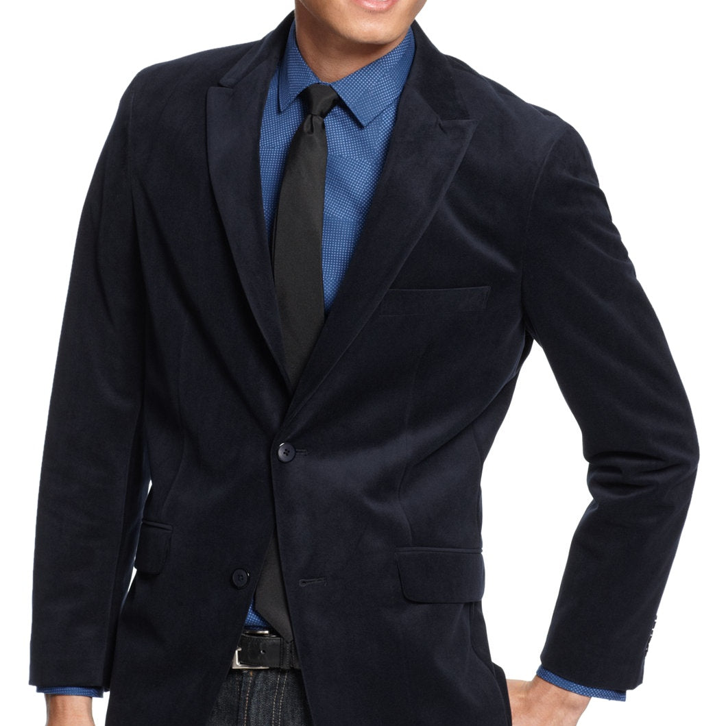 Alfani Mens Classic Navy Heather Velvet Peak Lapel Classic Blazer