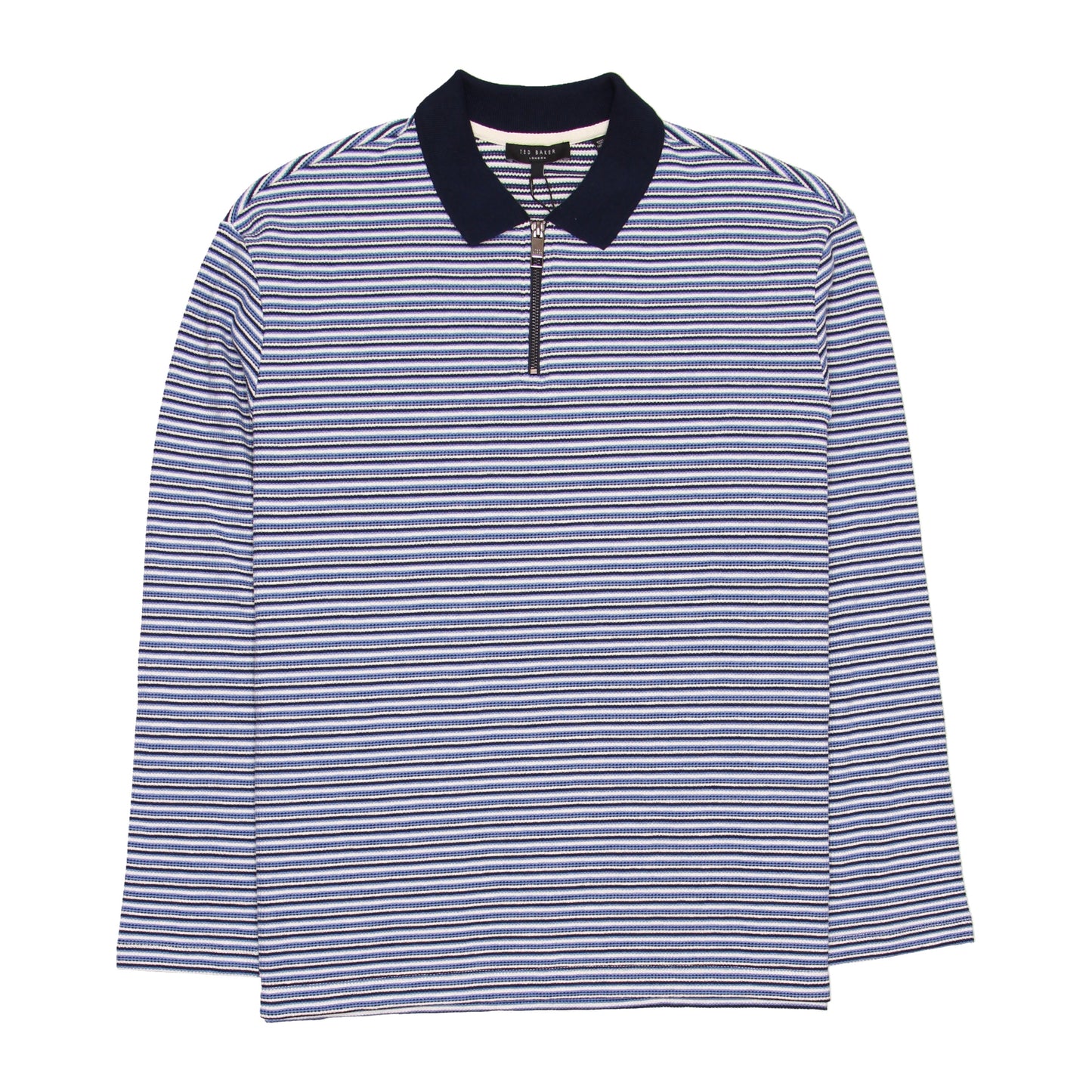 Ted Baker Beer Men's Long Sleeve Textured Blue Striped Quarter Zip Polo Shirt