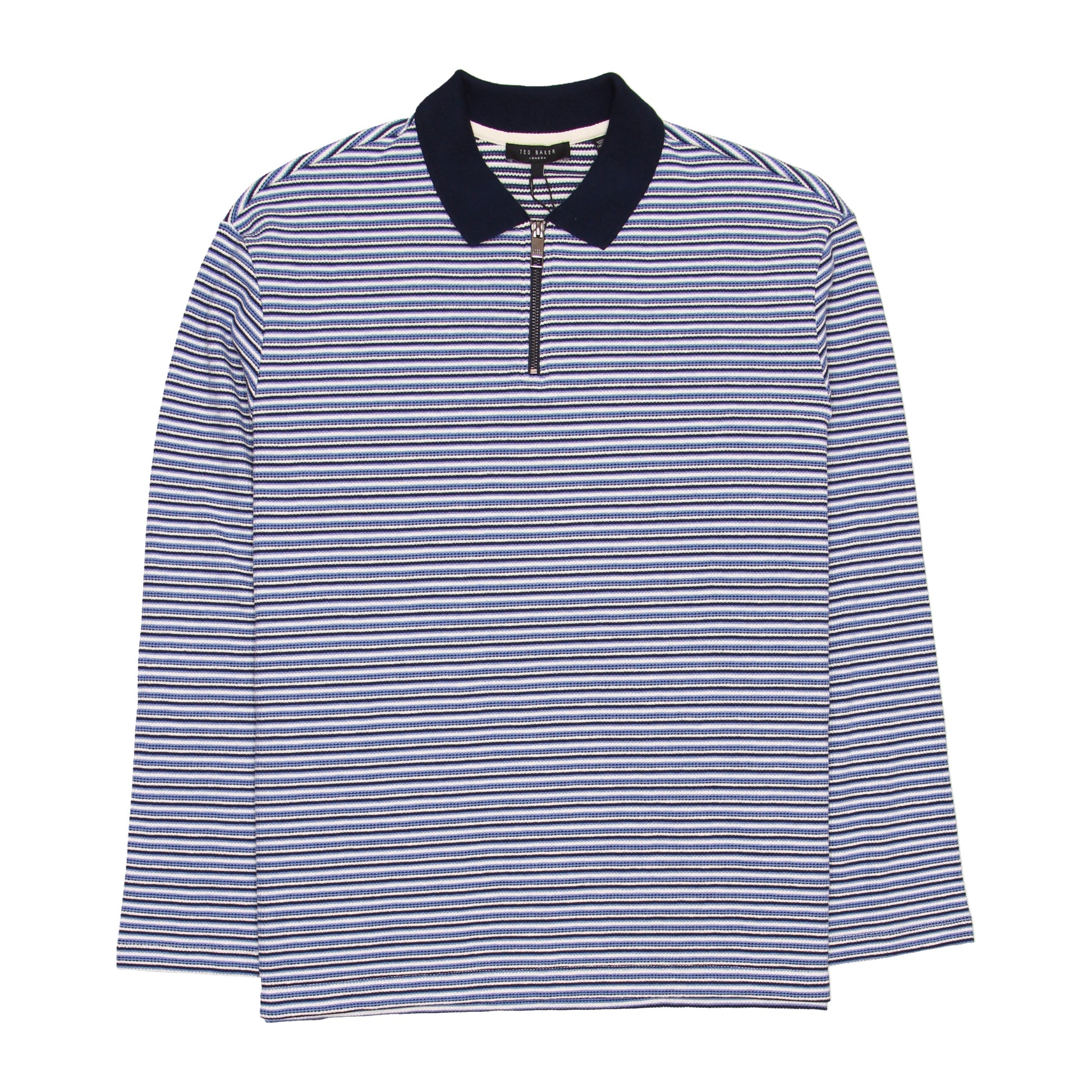 Ted Baker Beer Men's Long Sleeve Textured Blue Striped Quarter Zip Polo Shirt