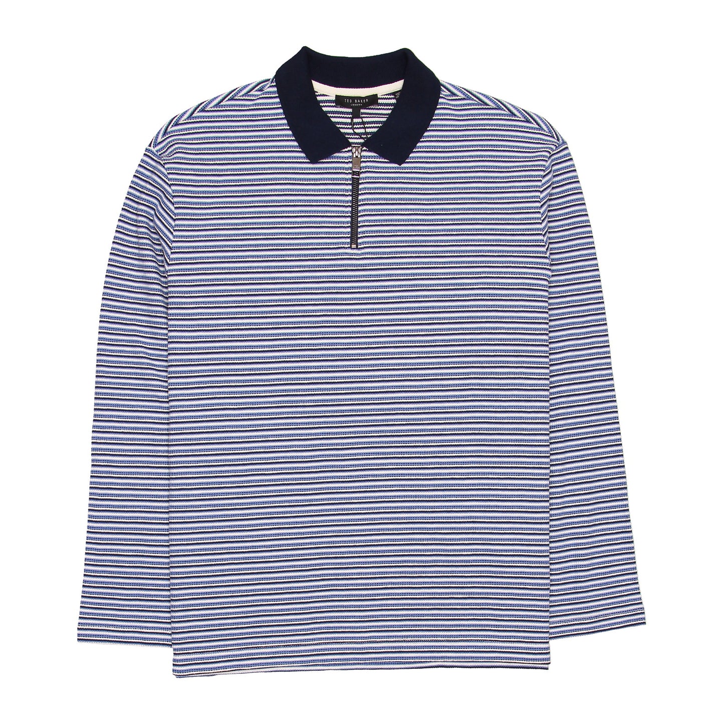 Ted Baker Beer Men's Long Sleeve Textured Blue Striped Quarter Zip Polo Shirt
