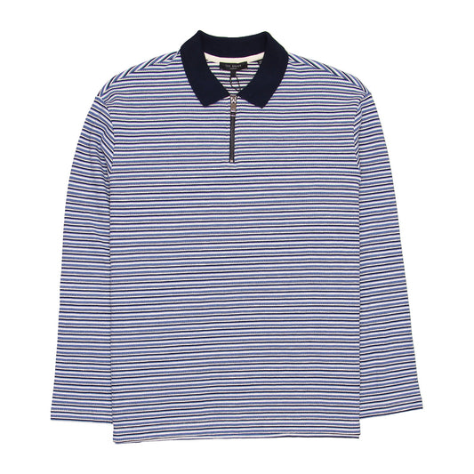 Ted Baker Beer Men's Long Sleeve Textured Blue Striped Quarter Zip Polo Shirt