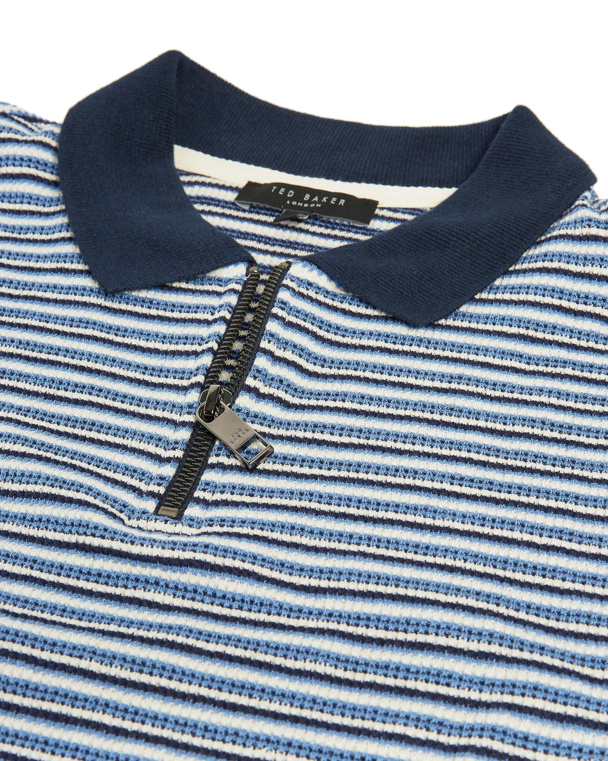 Ted Baker Beer Men's Long Sleeve Textured Blue Striped Quarter Zip Polo Shirt