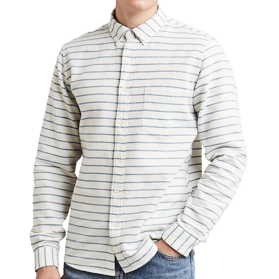 Levis Made & Crafted Mens Off White Striped Cotton/Linen Blend Button Down Shirt