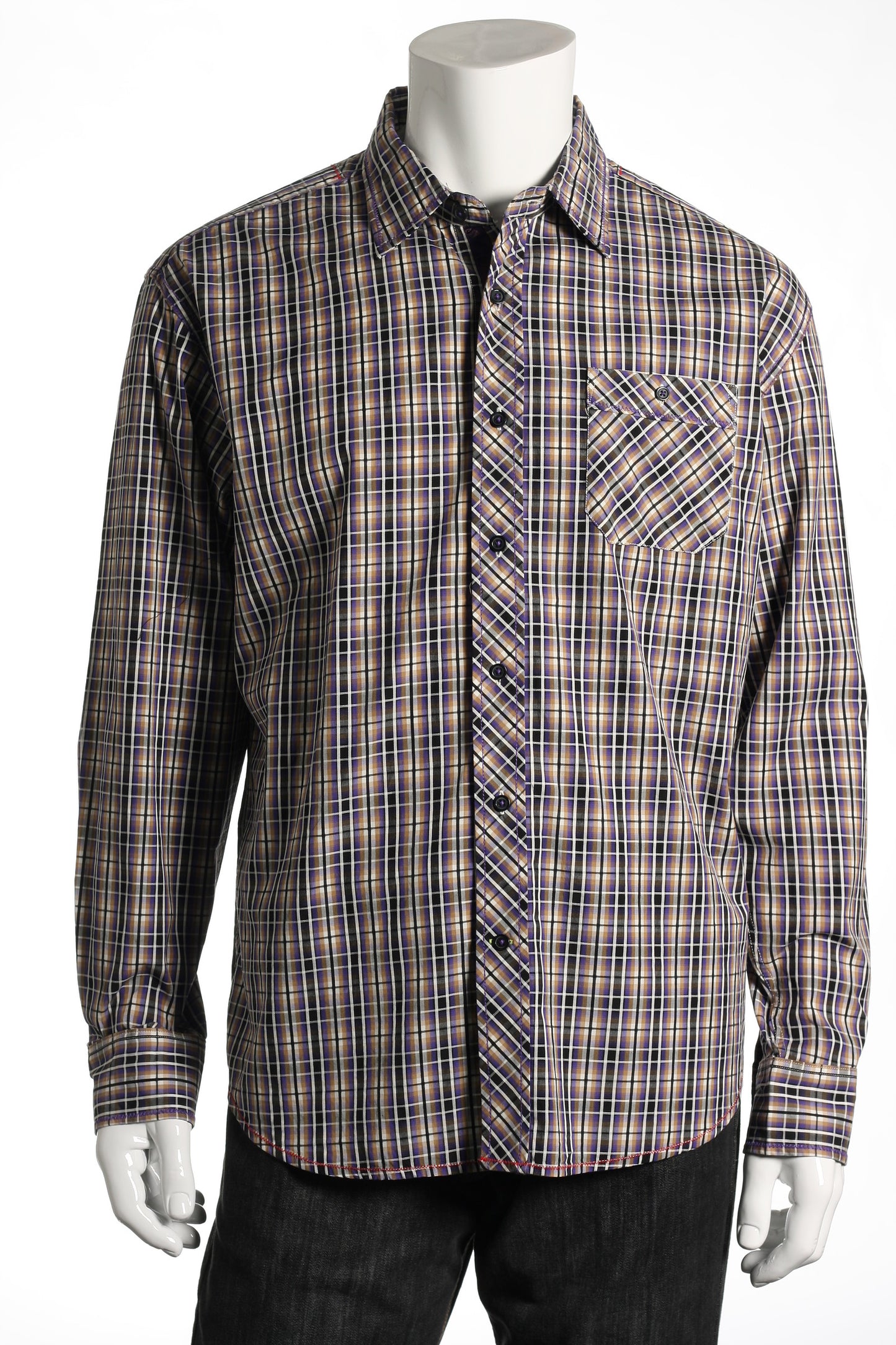 EQ Equilibrio Mens Purple Plaid Cotton Button Down Sport Shirt