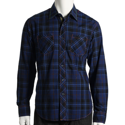 EQ Equilibrio Mens Blue Plaid 100% Cotton Button Down Sport Shirt