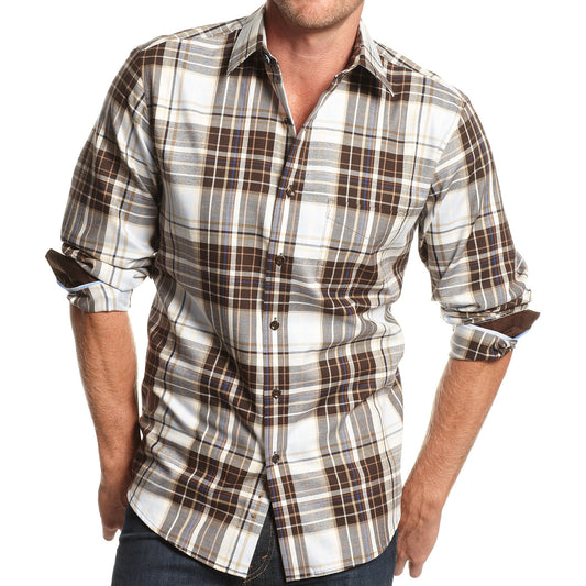 Tasso Elba Mens Brown Brushed Plaid Cotton Button Down Shirt