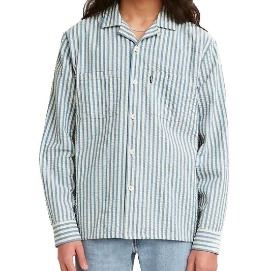 Levis Mens White/Blue Wide Striped Two Pocket Button Down Shirt