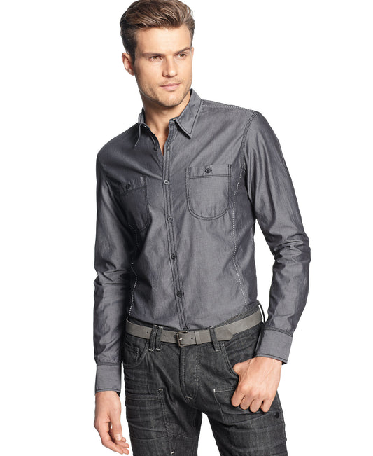 INC International Concepts Men's Black Herringbone Button Down Shirt