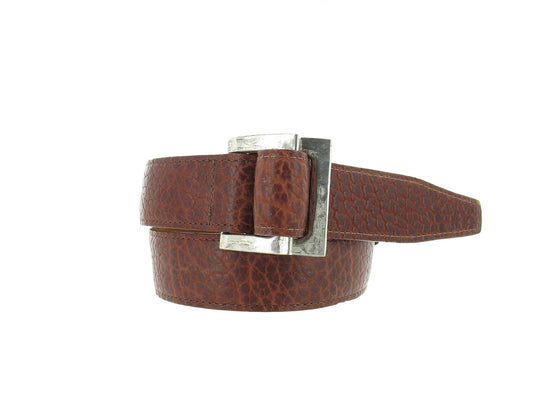 Trafalgar Men's Chestnut Pebbled Genuine Leather Antiqued Rectangle Buckle Dress Belt