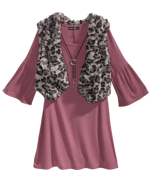 Sequin Hearts Girls Mauve 3-Pc. Sweater Dress, Faux-Fur & Necklace Set