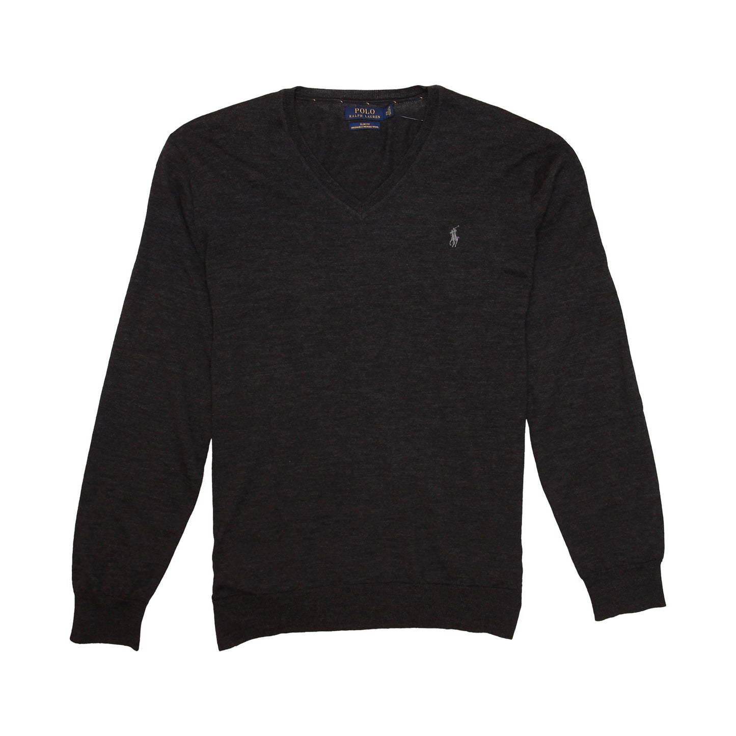 Polo Ralph Lauren Mens Dark Gray Slim Fit Merino Wool V-Neck Sweater