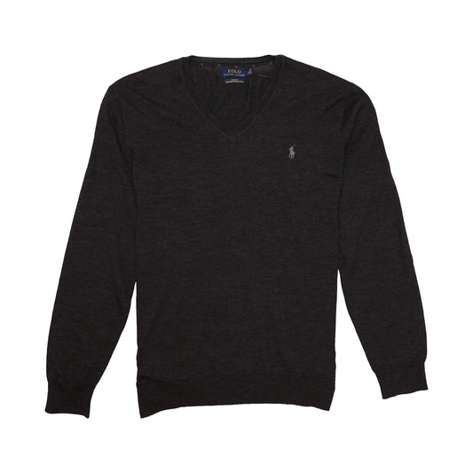 Polo Ralph Lauren Mens Dark Gray Slim Fit Merino Wool V-Neck Sweater