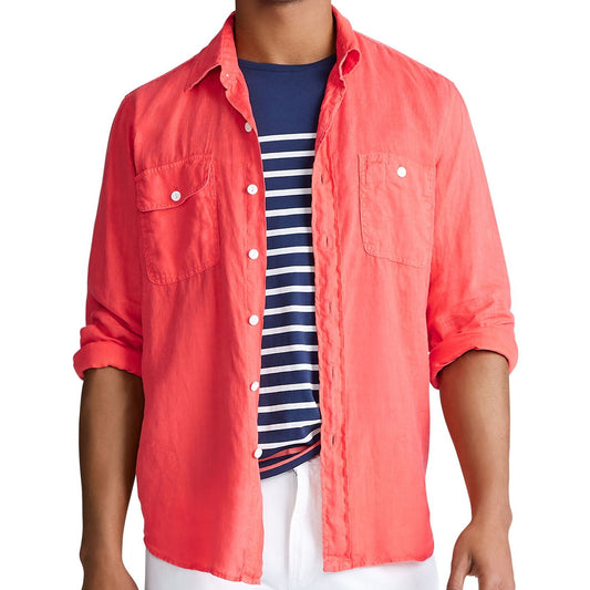 Polo Ralph Lauren Mens Pink Classic Fit Linen Button Down Shirt