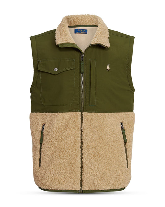 Polo Ralph Lauren Mens Khaki/Green Fleece Hybrid Full-Zip Vest
