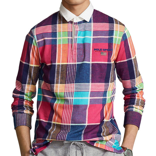 Polo Sport Ralph Lauren Mens Pink Madras Long Sleeve Rugby Shirt