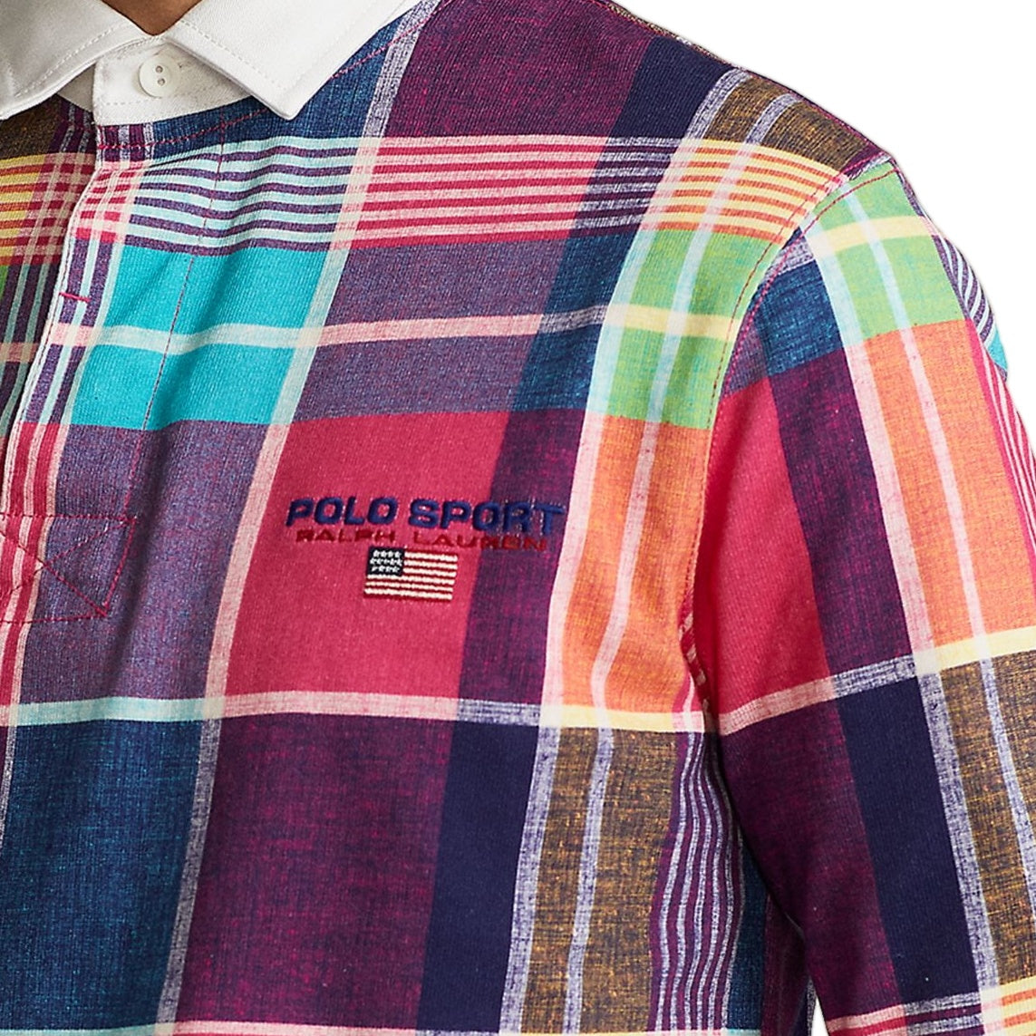 Polo Sport Ralph Lauren Mens Pink Madras Long Sleeve Rugby Shirt