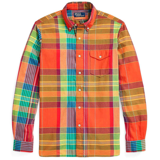 Polo Ralph Lauren Men's Classic Fit Orange Multi Plaid Button Down Madras Shirt