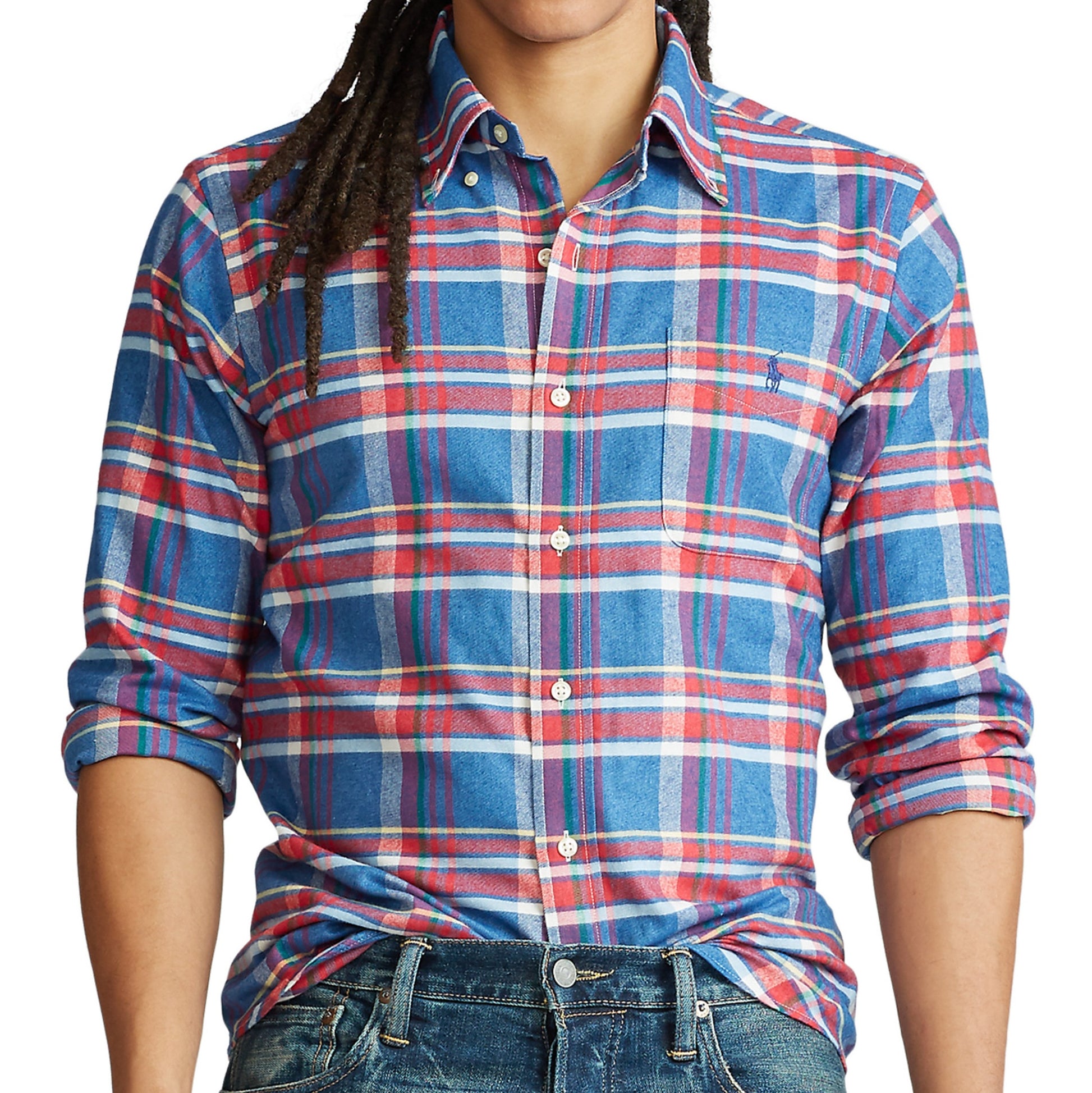 POLO Ralph Lauren Mens Steel Blue/Red Plaid Classic Fit Button Down Shirt