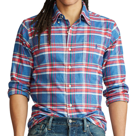 POLO Ralph Lauren Mens Steel Blue/Red Plaid Classic Fit Button Down Shirt