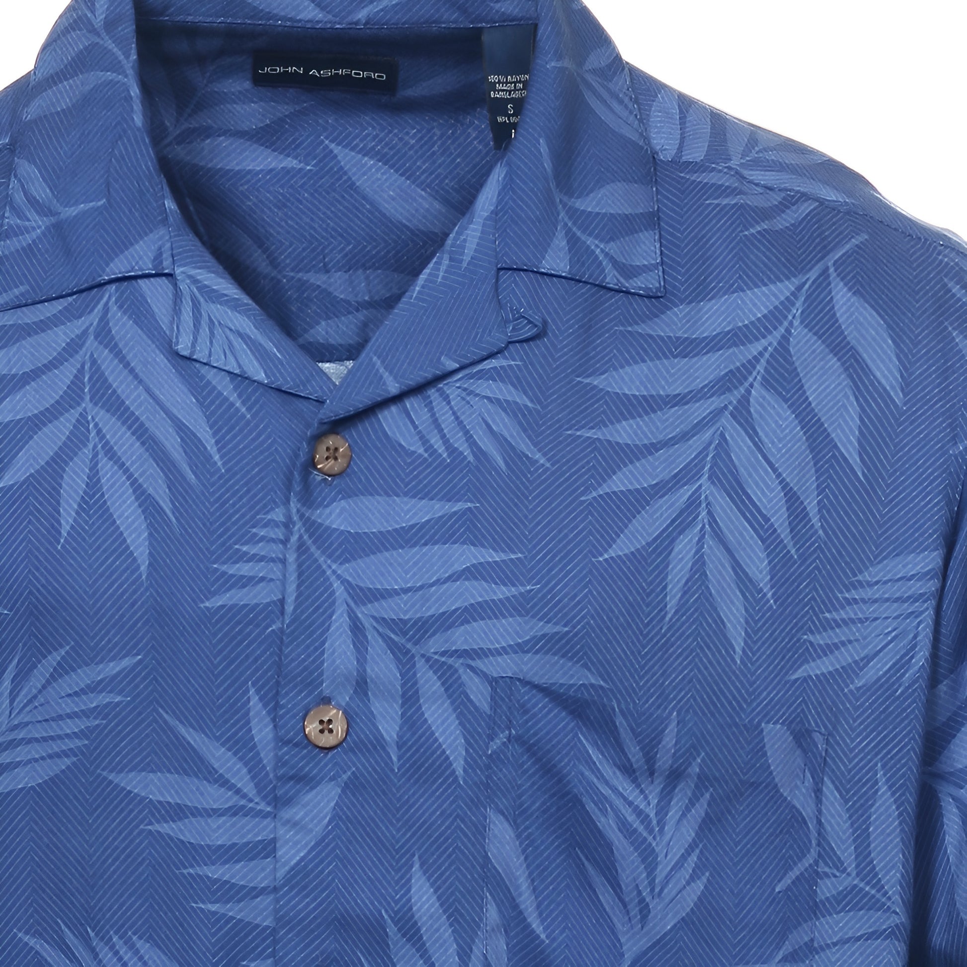 John Ashford Men's Blue Camp Shirt, Tropical Print, Short Sleeve, Button-Down