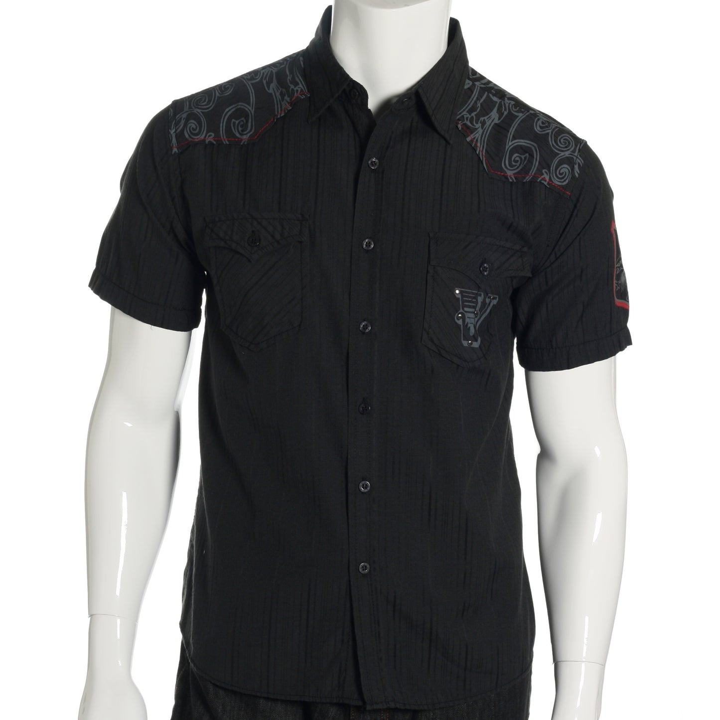 Verdo Mens Gray/White Striped Short Sleeve Western Button Up Shirt