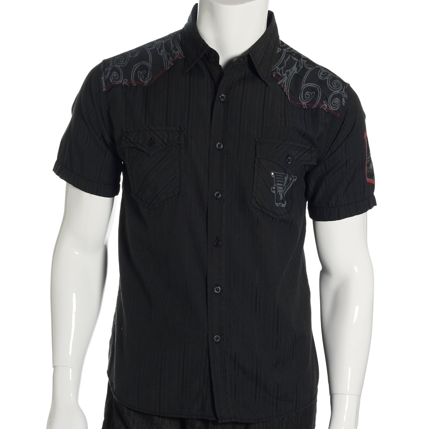 Verdo Mens Gray/White Striped Short Sleeve Western Button Up Shirt