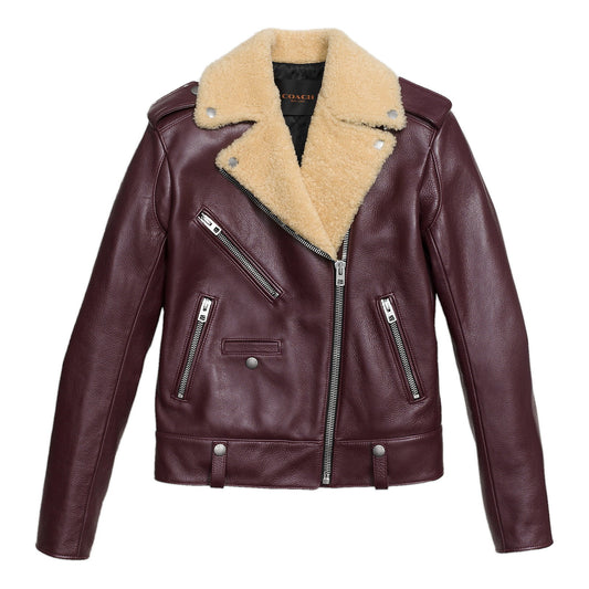 Coach Boys Biker Women's Burgundy Italian Shearling & Leather Jacket