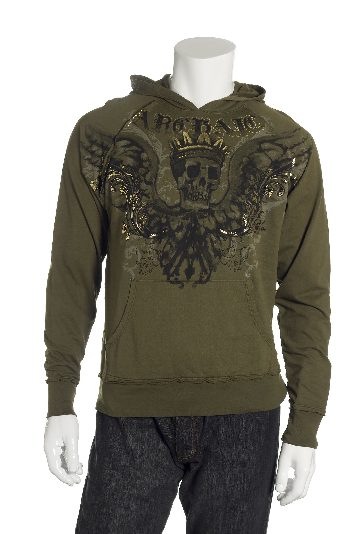 Archaic Mens Army Green Cotton Graphic Pullover Hoodie