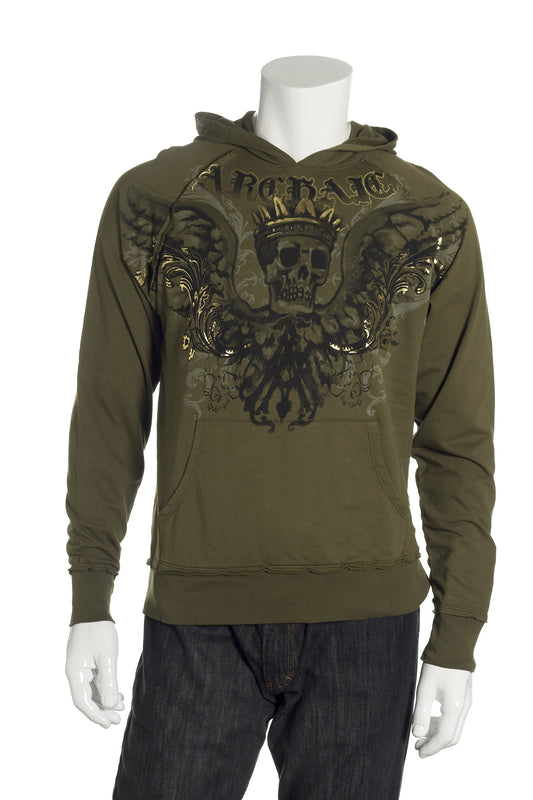 Archaic Mens Army Green Cotton Graphic Pullover Hoodie