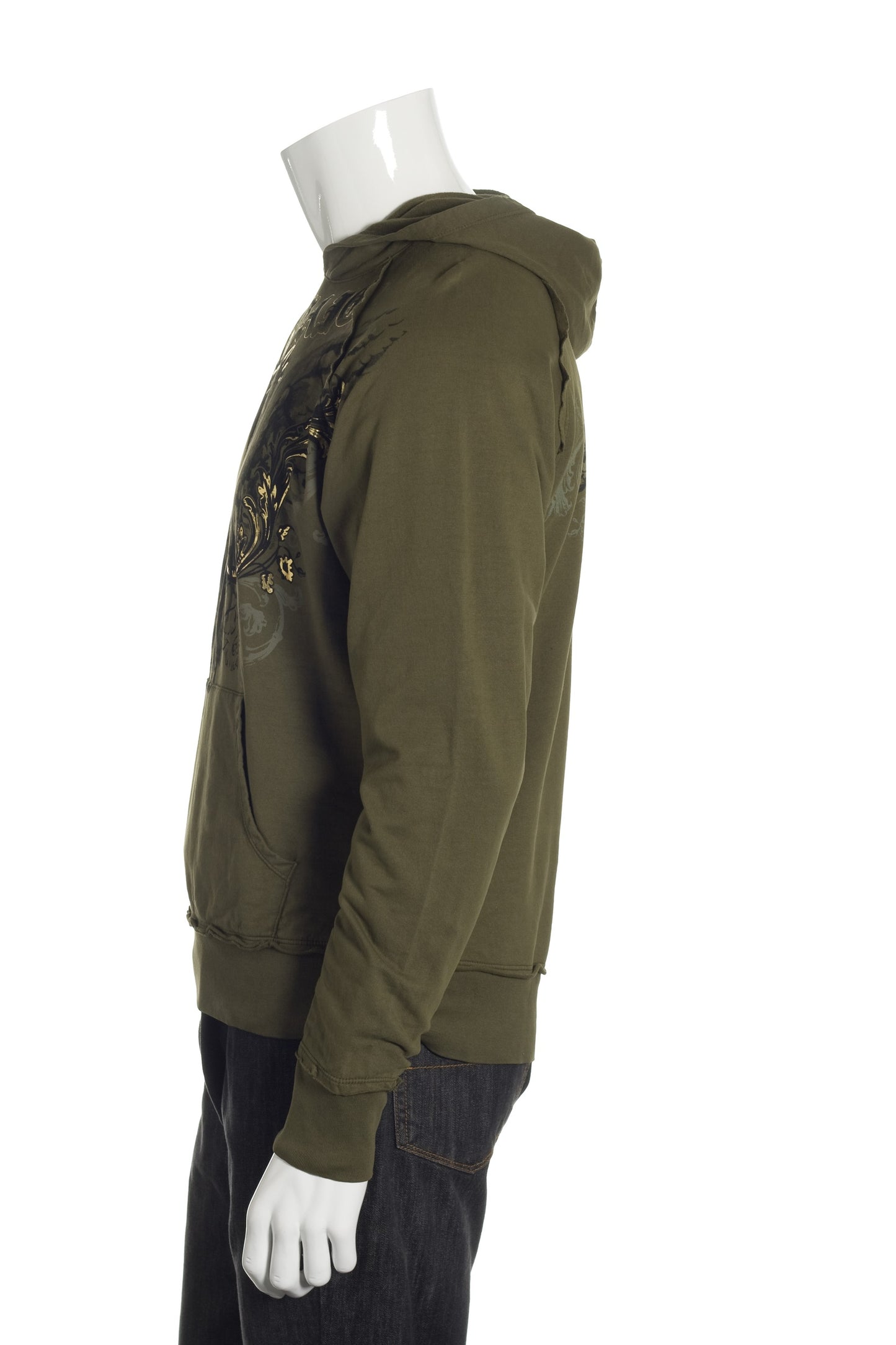 Archaic Mens Army Green Cotton Graphic Pullover Hoodie
