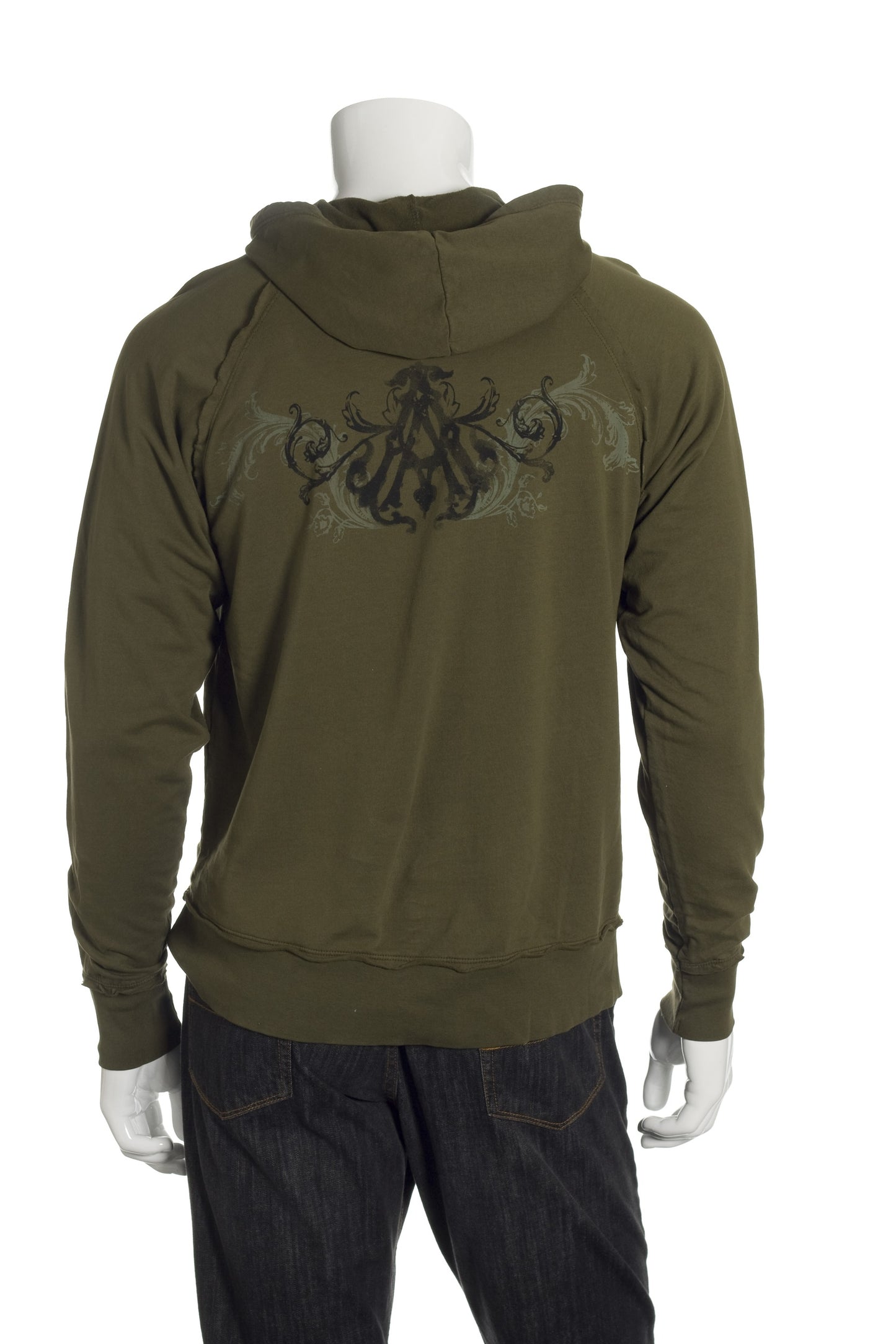 Archaic Mens Army Green Cotton Graphic Pullover Hoodie