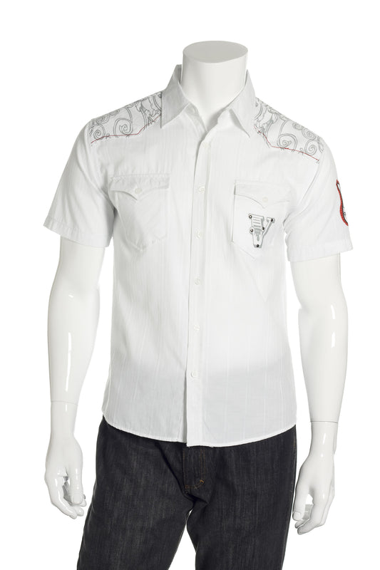 Verdo Men's White Graphic Western Shirt | Short Sleeve, Embellished Details