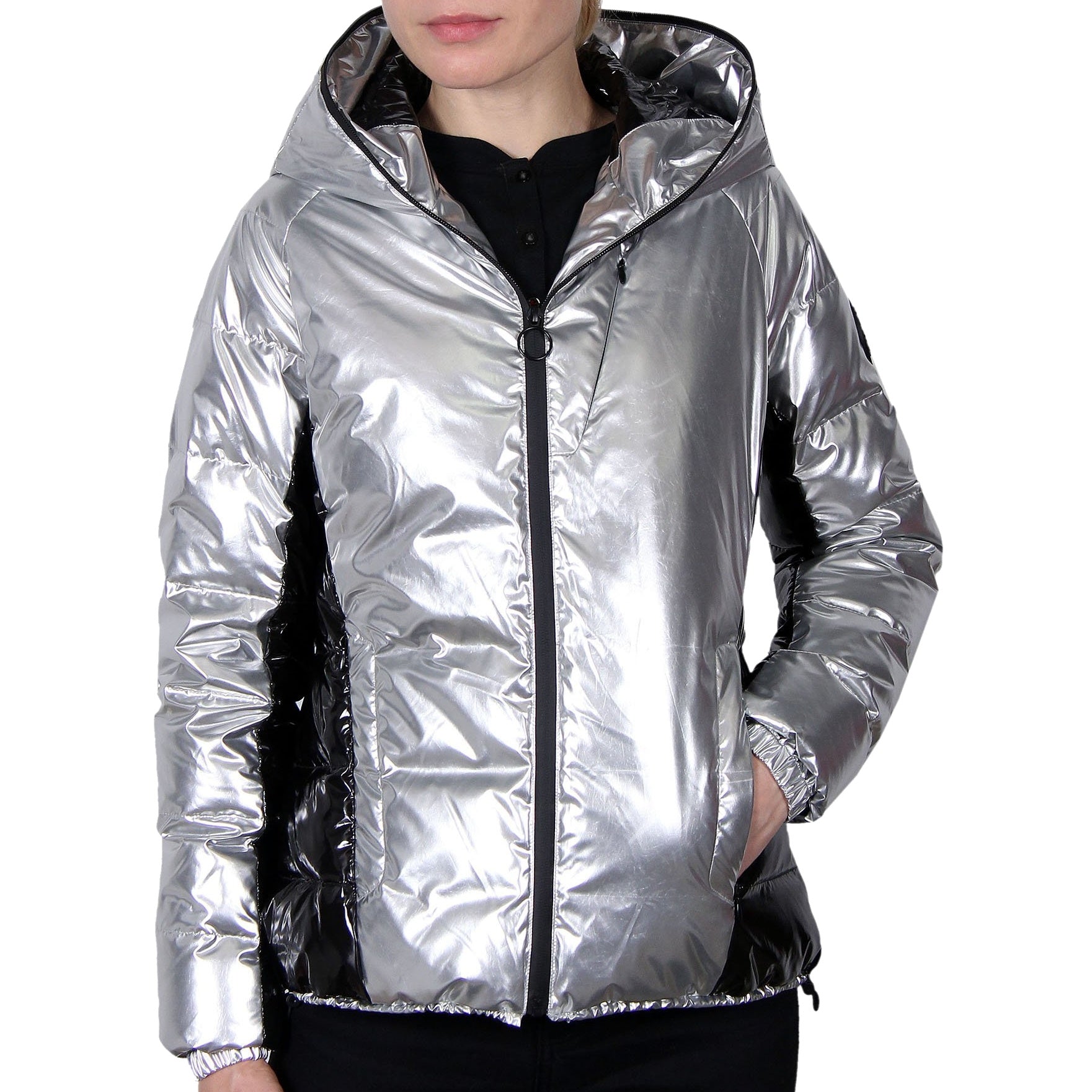 Body Glove Womens Wet-Look Metallic Silver Down-Filled Puffer Jacket