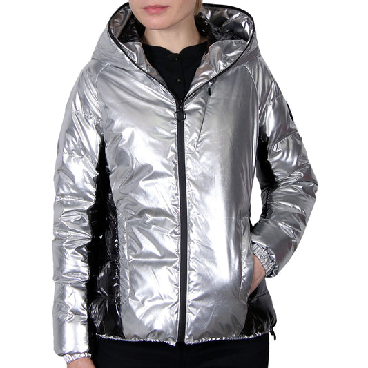 Body Glove Womens Wet-Look Metallic Silver Down-Filled Puffer Jacket
