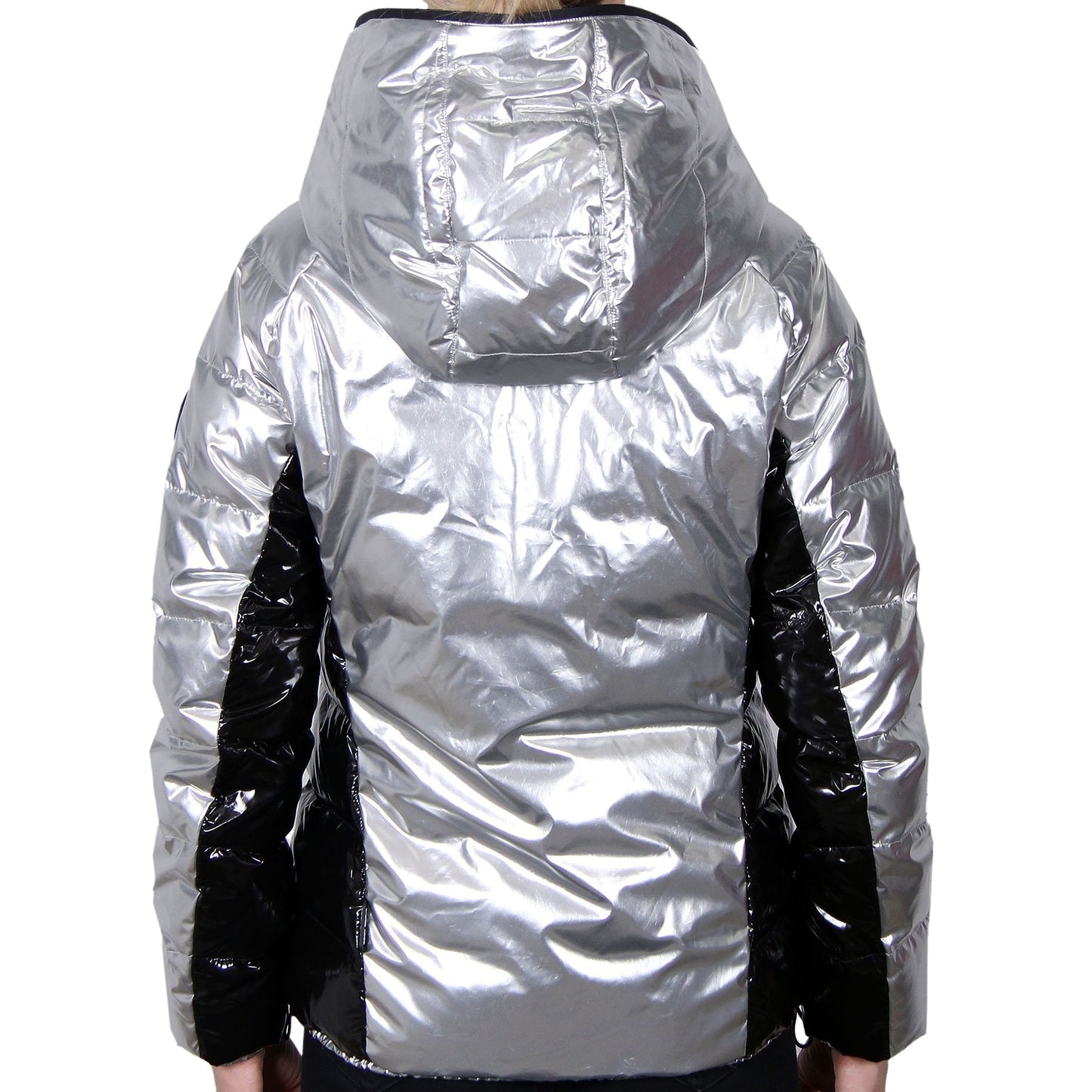 Body Glove Womens Wet-Look Metallic Silver Down-Filled Puffer Jacket